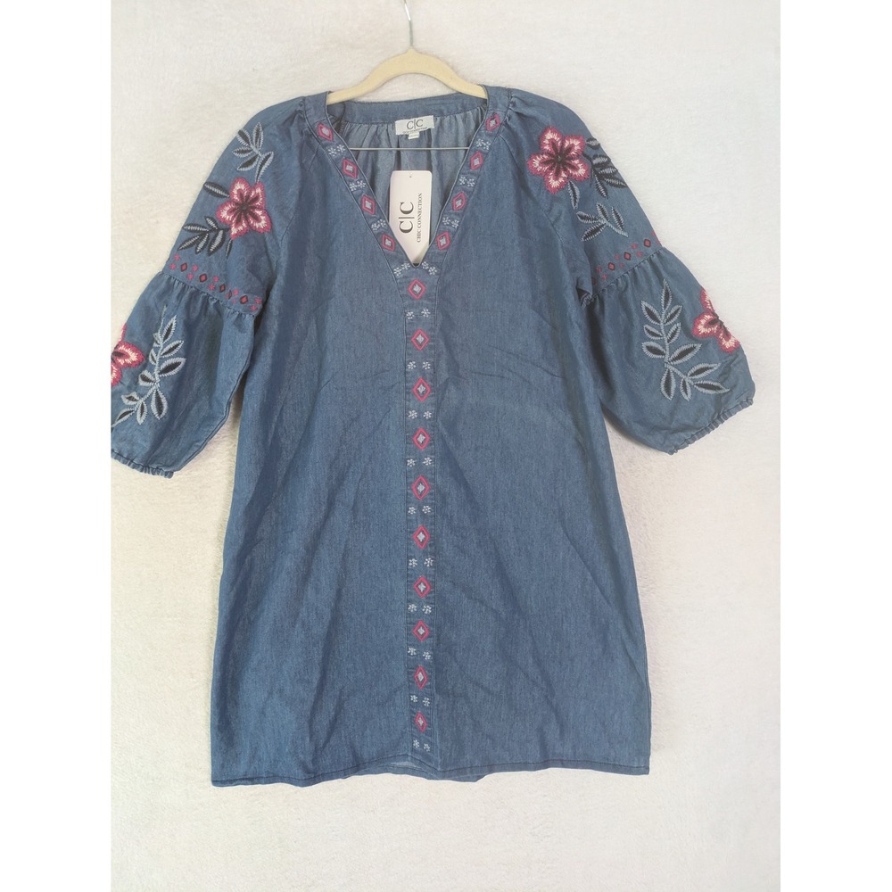 NEW Chic Connection Dress Women's Small Blue Floral Embroidered Balloon Sleeve